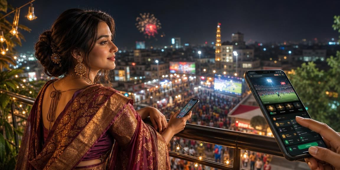 বগুড়ায় শাড়ি পরিহিত একজন নারী মোবাইলে নতুন স্লট গেম ও রিবেট বোনাস উপভোগ করছেন